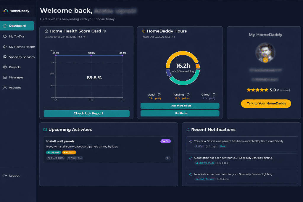 home maintenance and management system dashboard for homeowner