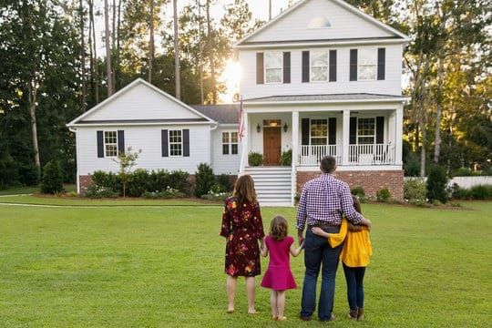 A small family looking and admiring their beautiful home
