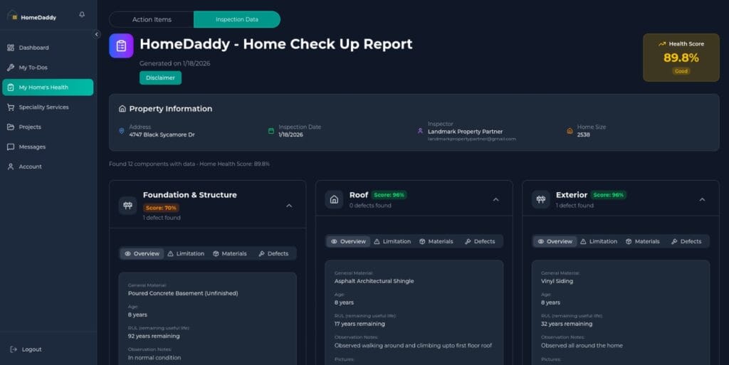Homedaddy annual home checkup dashboard showing home health score