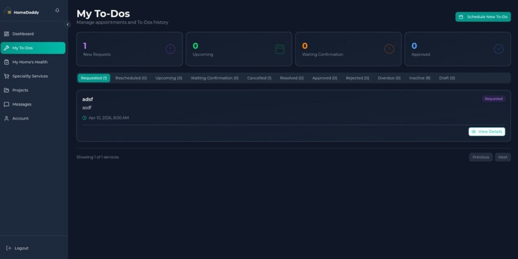 interface of todo section in homedaddy dedicated handyman profile