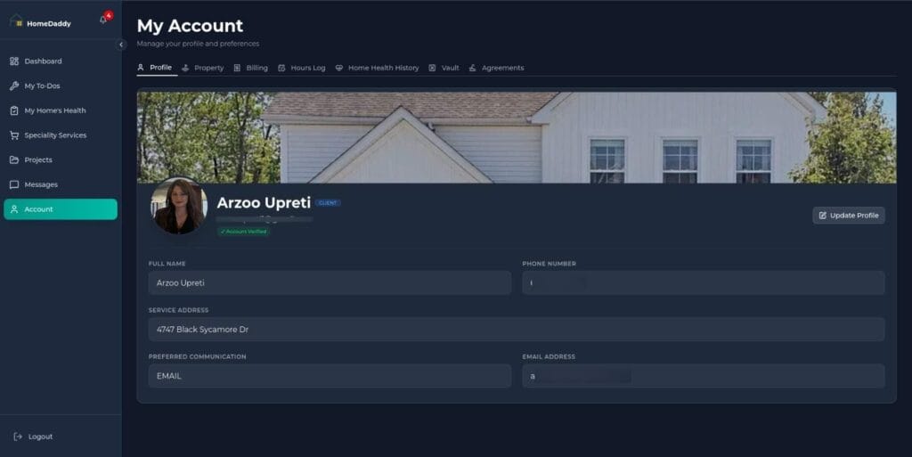 user profile dashboard for homeowners in home management application